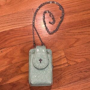 Mint Green Croc-Embossed Crossbody Bag with Cross detail.  3x4.5x2 outside